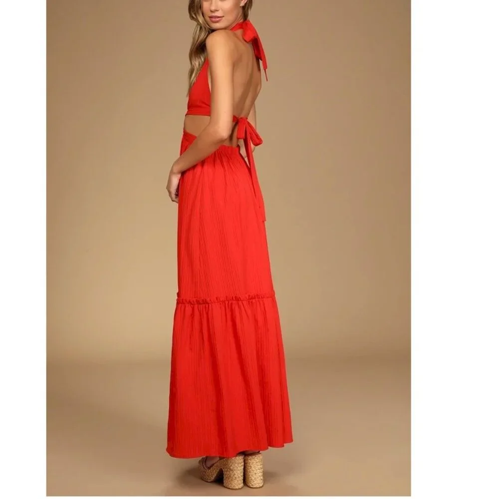 Lulus Island Vacay Red Tie-Back Maxi Dress Size XS New with Tags NWT_5